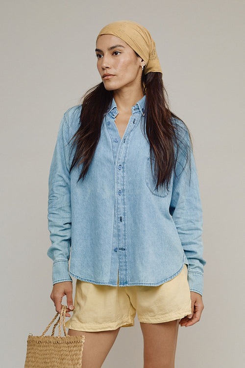Denim Catalina Button Down Shirt | Jungmaven Hemp Clothing & Accessories /model_desc: Jenna is 5’10” wearing S