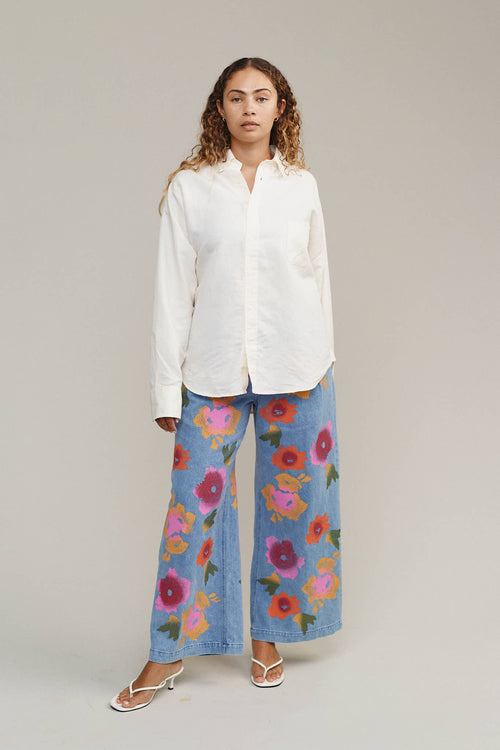 Floral Denim Disco Pant | Jungmaven Hemp Clothing & Accessories / Color:Disco Denim Pant | Jungmaven Hemp Clothing & Accessories / model_desc: Paige is 5β8β wearing S