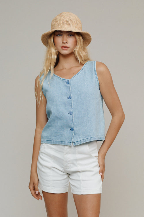 Skyline Summer Denim Vest | Jungmaven Hemp Clothing & Accessories / model_desc: Grace is 5’8” wearing S