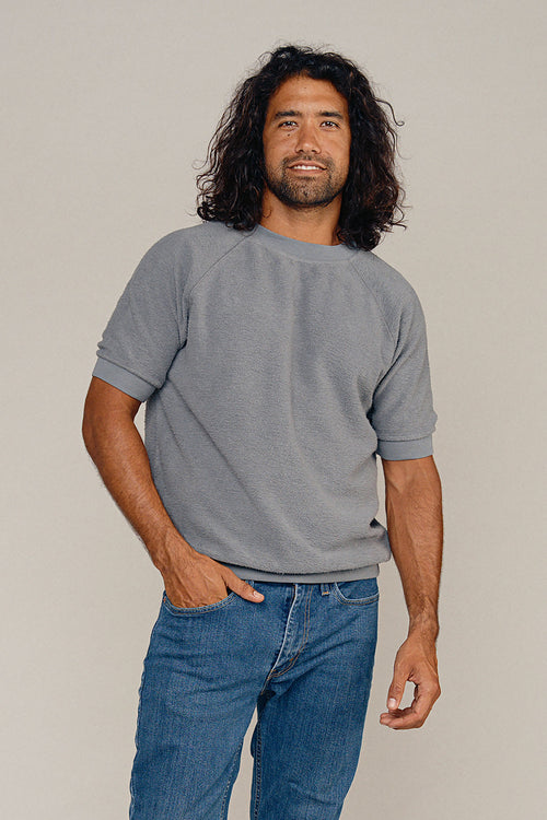 Heathered Short Sleeve Raglan Sherpa Sweatshirt | Jungmaven Hemp Clothing & Accessories / model_desc: Matias is 6’2” wearing L