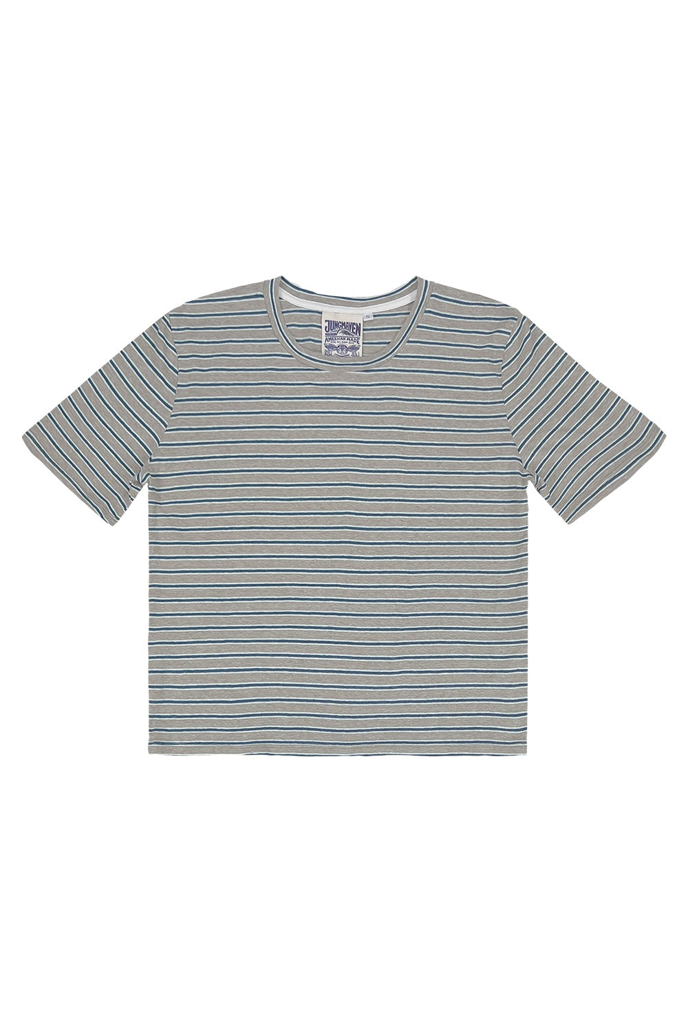 Stripe Silverlake Cropped Tee | Jungmaven Hemp Clothing & Accessories / Color: Teal/White/Gray Stripe
