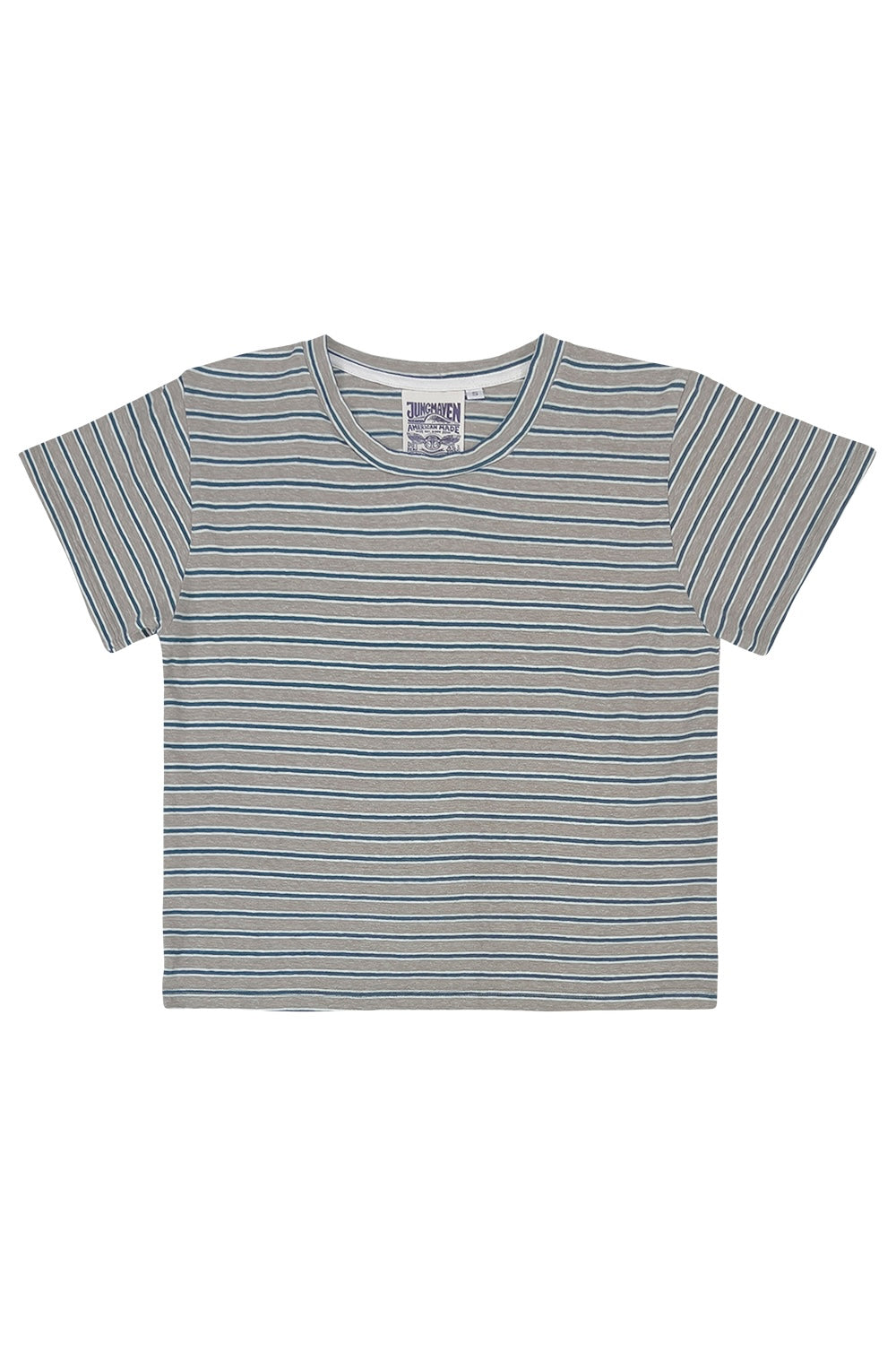 Stripe Cropped Lorel Tee | Jungmaven Hemp Clothing & Accessories / Color: Teal/White/Gray Stripe