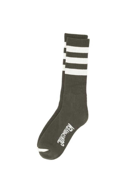 Town and Country Socks | Jungmaven Hemp Clothing & Accessories / Color: White Stripes on Olive Green