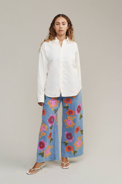 Floral Denim Disco Pant | Jungmaven Hemp Clothing & Accessories / Color:Disco Denim Pant | Jungmaven Hemp Clothing & Accessories / model_desc: Paige is 5’8” wearing S