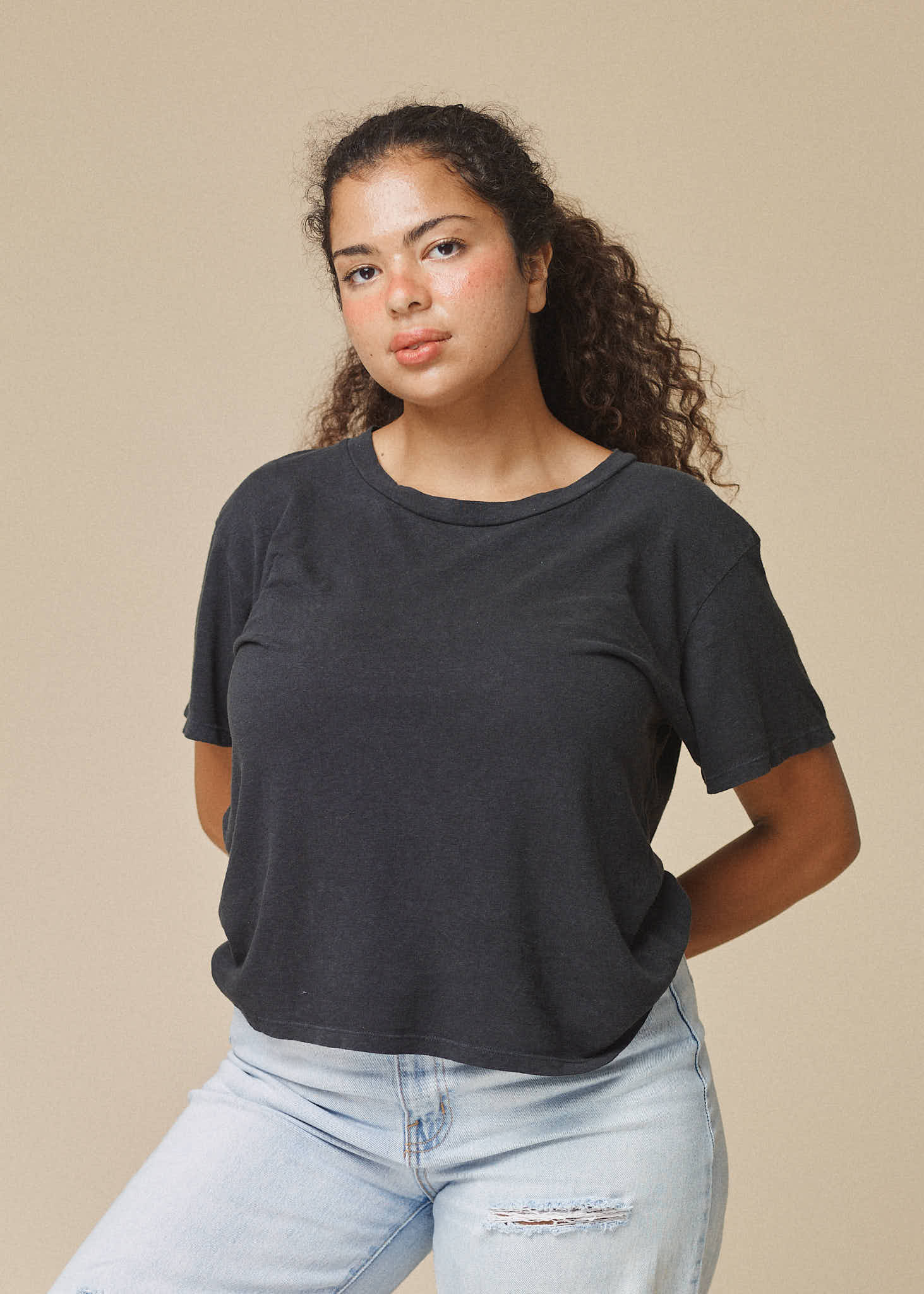 Women's oversize crop-top T-shirt with modal colour black