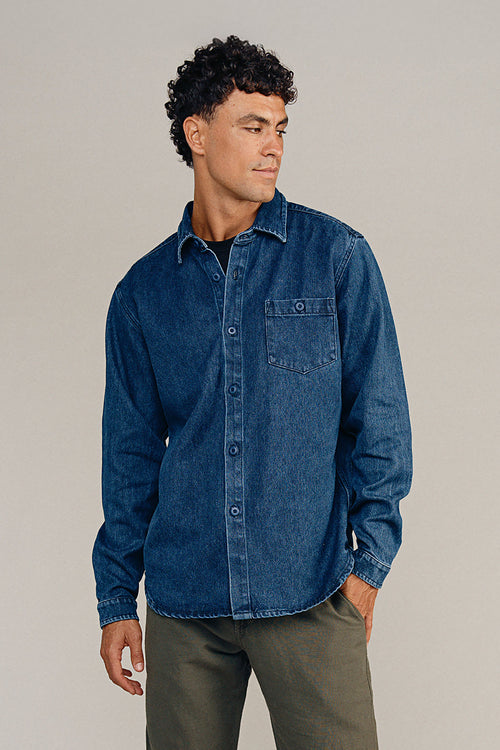 Denim Curved Hem Topanga Shirt | Jungmaven Hemp Clothing & Accessories / model_desc: Shen is 6’3” wearing XL