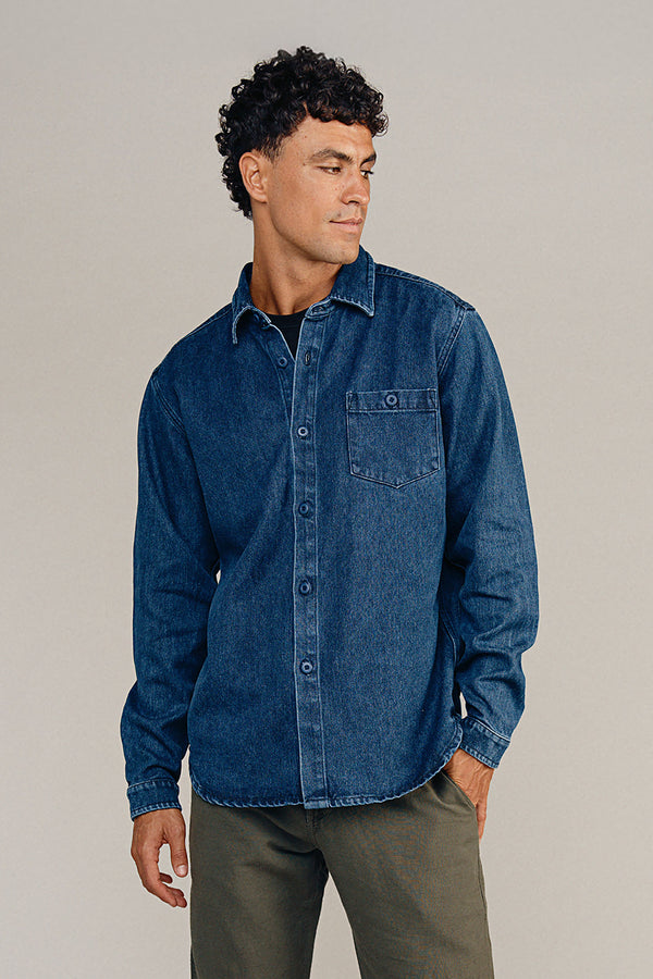 Denim Curved Hem Topanga Shirt | Jungmaven Hemp Clothing & Accessories / model_desc: Shen is 6’3” wearing XL