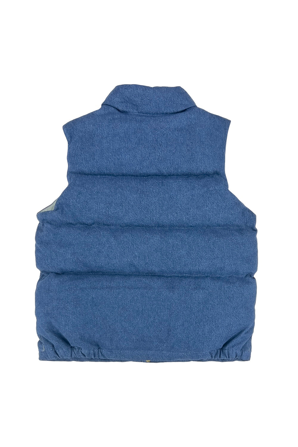 ￼ Eco Bio Washed Denim Jumper Vest Denim Scoop Neck Vest in Light Chambray Blue Wash - Get
