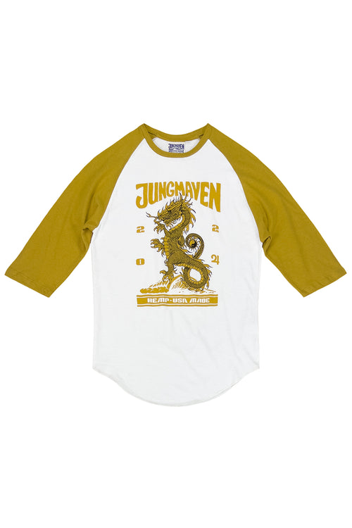 Dragon Stones 3/4 Sleeve Raglan | Jungmaven Hemp Clothing & Accessories / Color: Citrine Yellow Sleeve/White Body