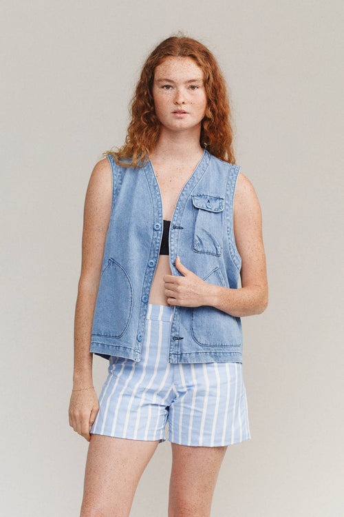 Denim Falcon Vest | Jungmaven Hemp Clothing & Accessories / model_desc: Sydney is 5’8” wearing M