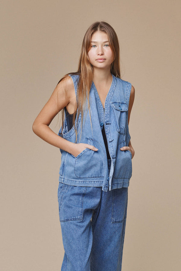 Denim Falcon Vest | Jungmaven Hemp Clothing & Accessories / model_desc: Katrel is 5’9” wearing M