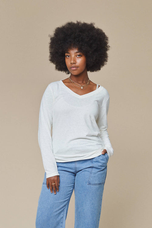 Finch Long Sleeve V-Neck | Jungmaven Hemp Clothing & Accessories / model_desc: Abeba is 5’7” wearing XS