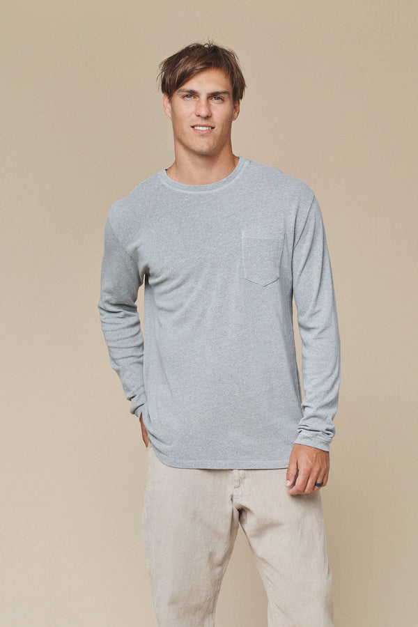 Heathered Baja Long Sleeve Pocket Tee | Jungmaven Hemp Clothing & Accessories / model_desc: Travis is 6’1” wearing L