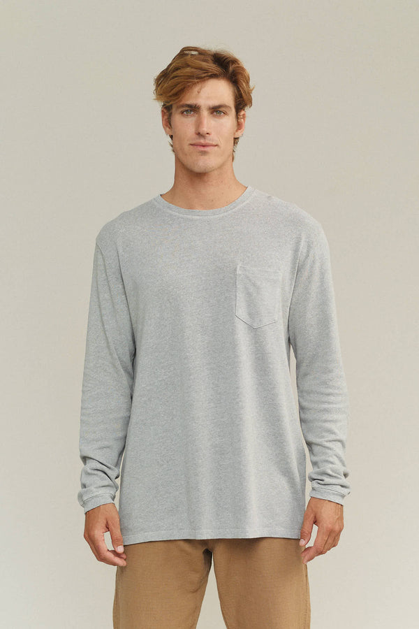 Heathered Baja Long Sleeve Pocket Tee | Jungmaven Hemp Clothing & Accessories / model_desc: Louis is 6’0” wearing L
