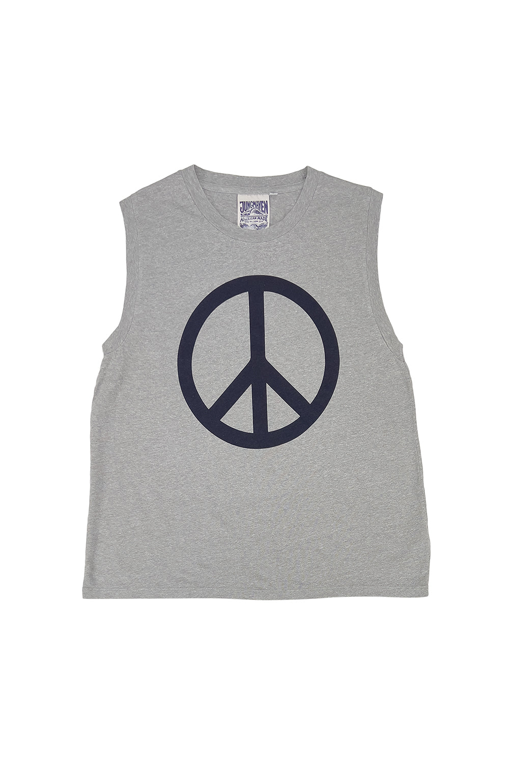 Peace Heathered Malibu Muscle Tee | Jungmaven Hemp Clothing & Accessories / Color: Navy on Athletic Gray