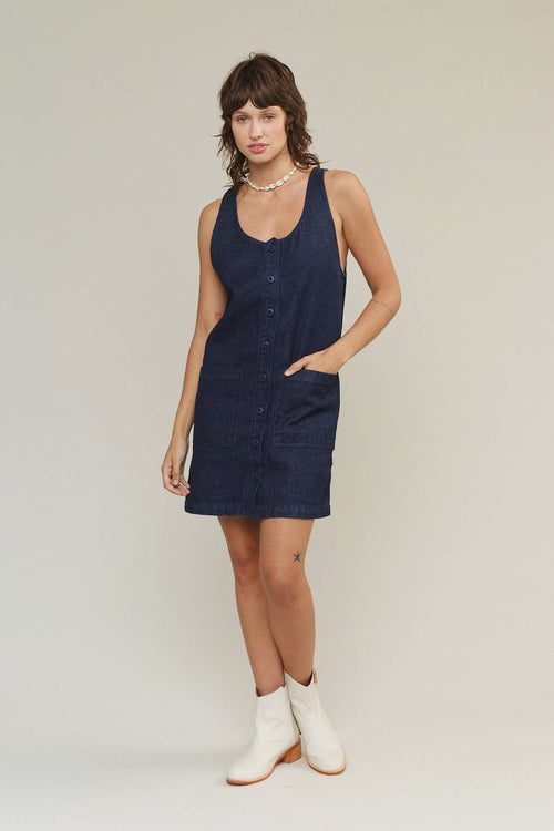 Denim Jumper Dress | Jungmaven Hemp Clothing & Accessories / model_desc: Tatchi is 5’9” wearing XS