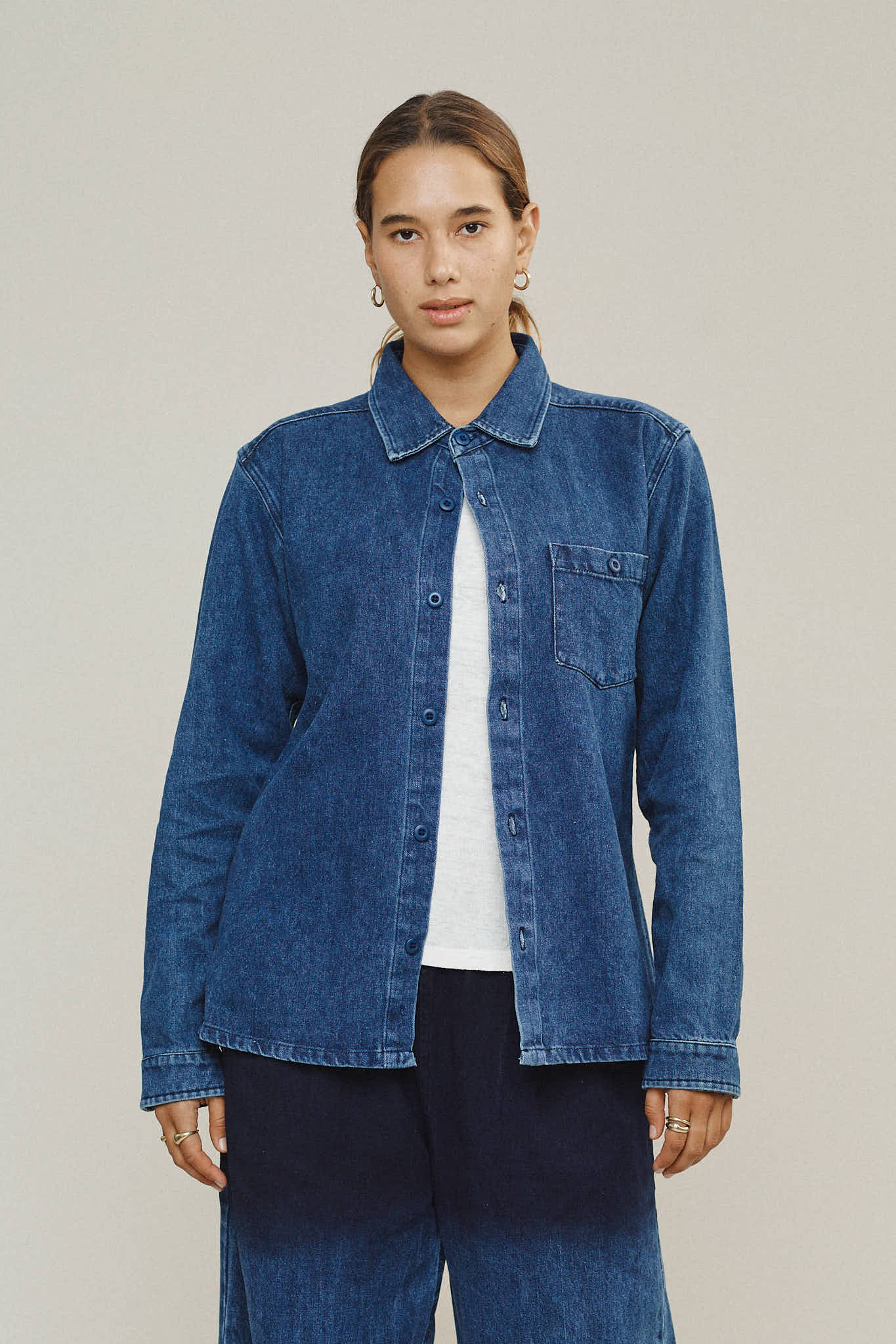 Denim Topanga Shirt | Jungmaven Hemp Clothing & Accessories / model_desc: Maya is 5’10” wearing Small