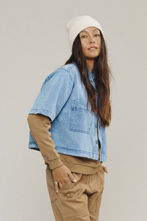 Denim Phinney Shirt | Jungmaven Hemp Clothing & Accessories / model_desc: Tamiko is 5’8” wearing Small