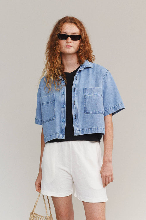 Denim Phinney Shirt | Jungmaven Hemp Clothing & Accessories / model_desc: Sydney is 5’8” wearing S