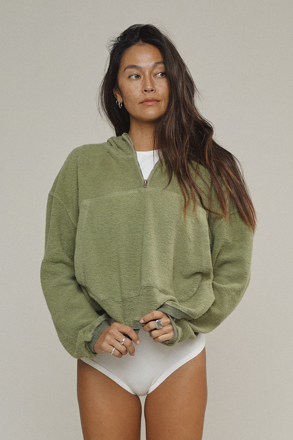 Heathered Osprey Cropped Sweatshirt | Jungmaven Hemp Clothing & Accessories / model_desc: Tamiko is 5’8” wearing S