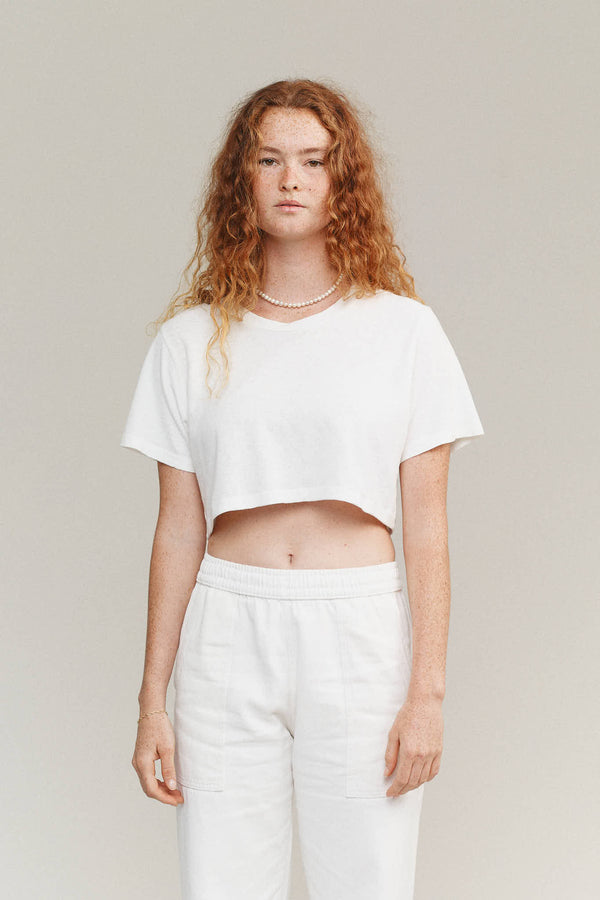 Super Cropped Lorel Tee | Jungmaven Hemp Clothing & Accessories / model_desc: Sydney is 5’8” wearing M