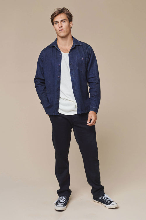 Denim Topanga Shirt | Jungmaven Hemp Clothing & Accessories / model_desc: Travis is 6’1” wearing L
