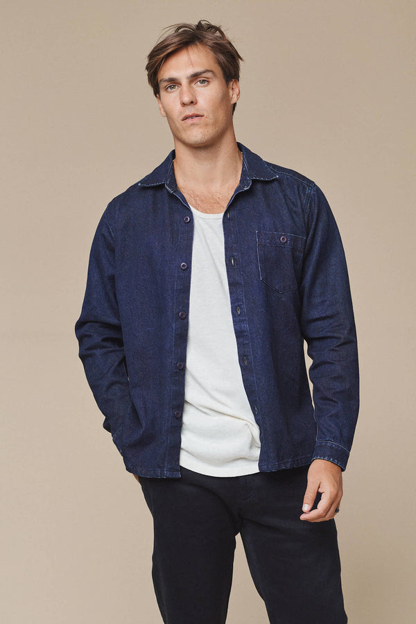 Denim Topanga Shirt | Jungmaven Hemp Clothing & Accessories / model_desc: Travis is 6’1” wearing L
