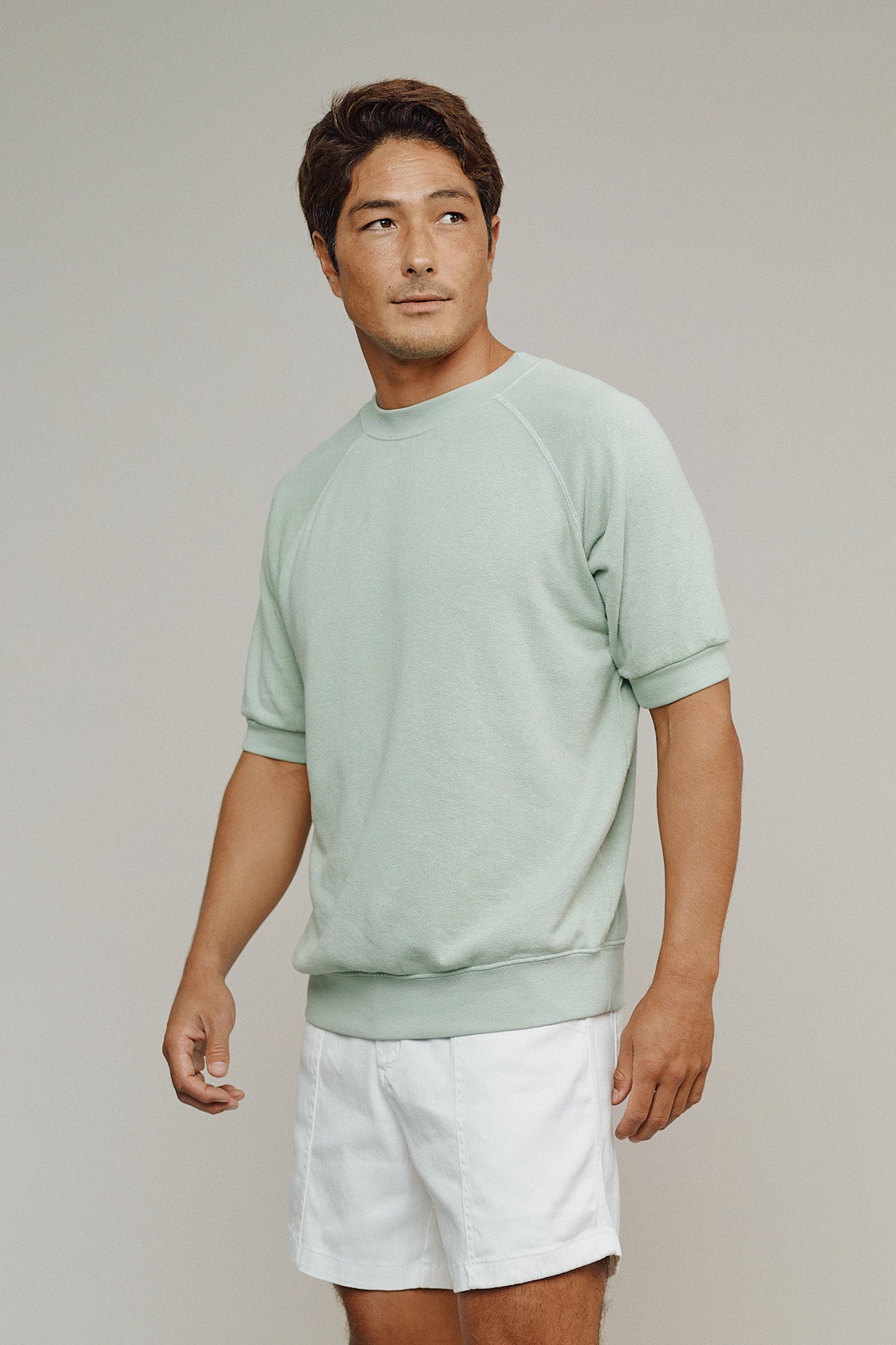 Short Sleeve Raglan Fleece Sweatshirt | Jungmaven Hemp Clothing & Accessories / model_desc: Jeff is  5’10” wearing Large