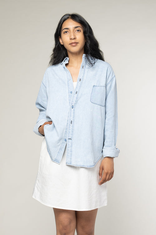Vintage Denim Catalina Button Down Shirt | Jungmaven Hemp Clothing & Accessories / model_desc: Davina is 5’7” wearing M