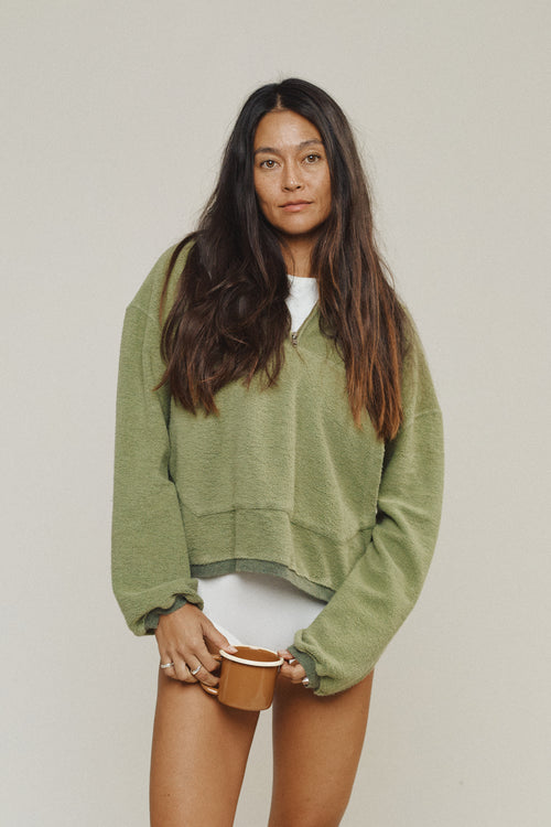Heathered Osprey Cropped Sweatshirt | Jungmaven Hemp Clothing & Accessories / model_desc: Tamiko is 5’8” wearing Small